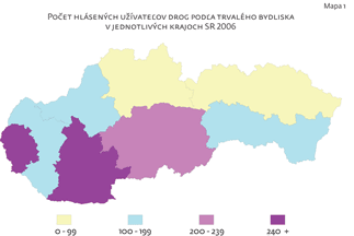 Mapa  znázorňujúca počet hlásených užívateľov drog podľa trvalého bydliska v krajoch SR 2006
