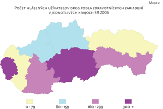 Mapa znázorňujúca počet hlásených užívateľov drog podľa zdravotníckych zariadení v krajoch SR 2006