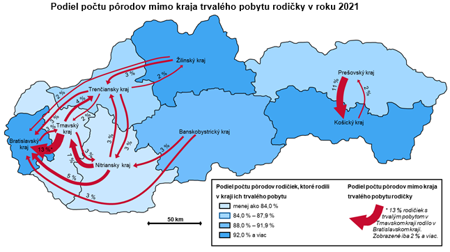 Podiel počtu pôrodov mimo kraja trvalého pobytu rodičky v roku 2021
