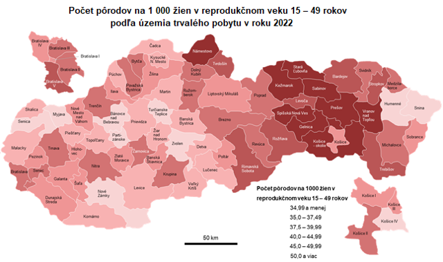 Počet pôrodov na 1 000 žien v reprodukčnom veku 15 – 49 rokov podľa územia trvalého pobytu v roku 2022