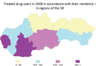 Map illustrate´s treated drug users in 2006 in according with their residence - in regions of the SR
