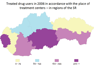 Map illustrate´s treated drug users in 2006 in according with the place of treatment centers - in regions of the SR
